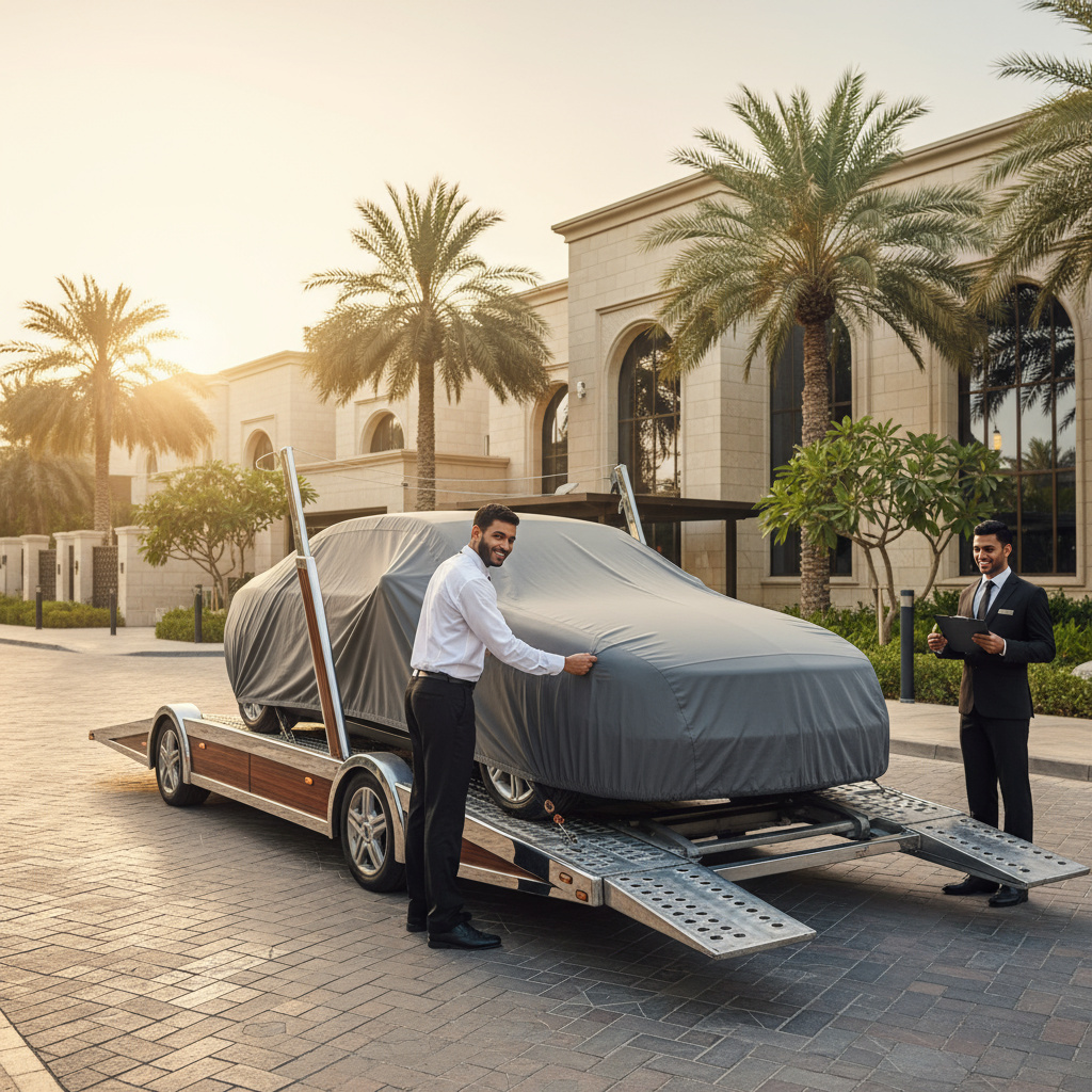 Concierge vehicle pickup scene at a residential driveway in Doha