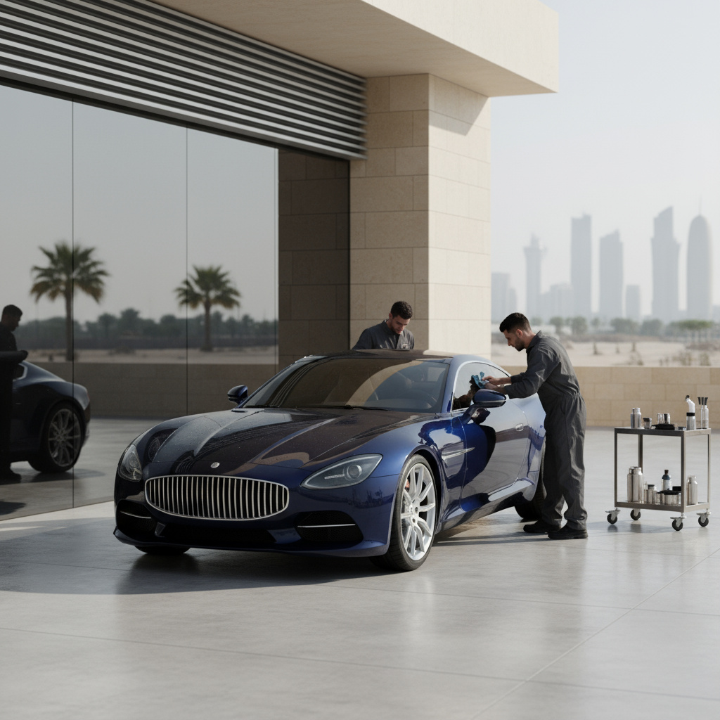 Luxury car detailing near a modern garage in Doha